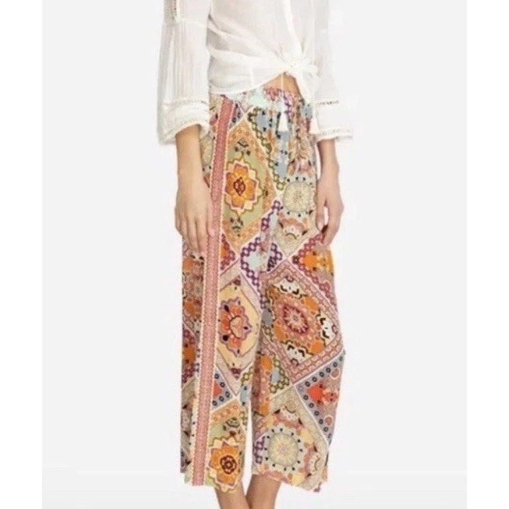 Johnny Was Jade Lucero Silk Cropped Capri Pants Elastic Waist Multi-Printed XL
